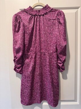 Who What Wear Womens Magenta Leopard Print Ruffle Neck Casual Dress, size XS